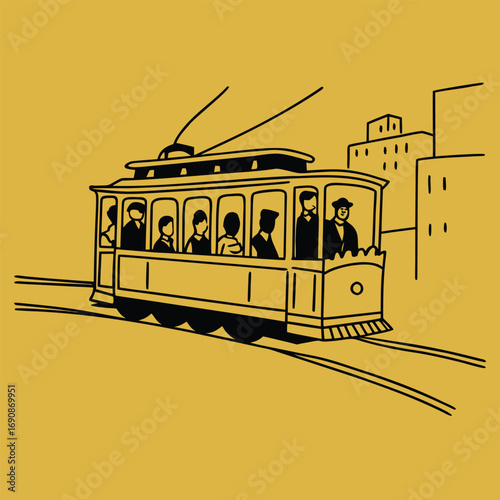 1920s Electric Tram with Vintage Passengers – Retro Urban Vector Illustration
