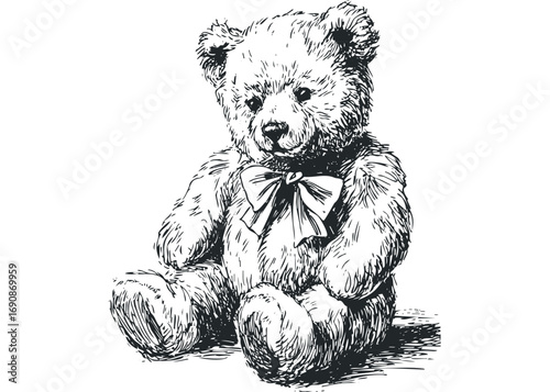Sketch of a teddy bear with a bow tie sitting on a transparent background. Vector hand drawn illustration