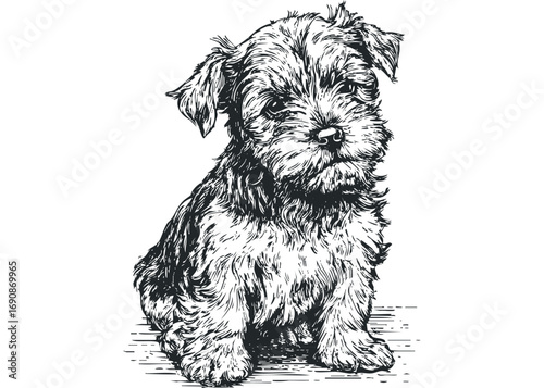 Wireframe illustration of a shaggy terrier puppy sitting attentively. Vector hand drawn illustration