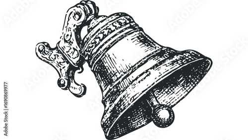 Vintage Bell With Ornate Mounting On Transparent Background. Vector hand drawn illustration
