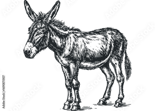 Line Art Donkey Image Standing Isolated on Transparent File. Vector hand drawn illustration