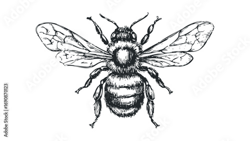 Detailed sketch of a honey bee with wings spread on a transparent background. Vector hand drawn illustration