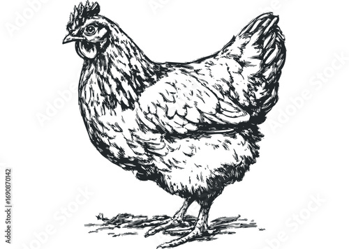 Line drawing hen standing on its legs, transparent background. Vector hand drawn illustration