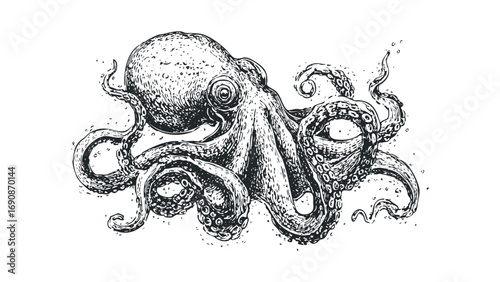 Detailed ink drawing of a formidable octopus with flowing tentacles on a transparent background. Vector hand drawn illustration
