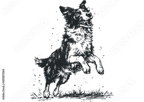 Pen sketch of a playful Border Collie dog jumping with joy on grass. Vector hand drawn illustration
