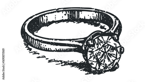 Sketch of a diamond ring with a textured band on a white background. Vector hand drawn illustration