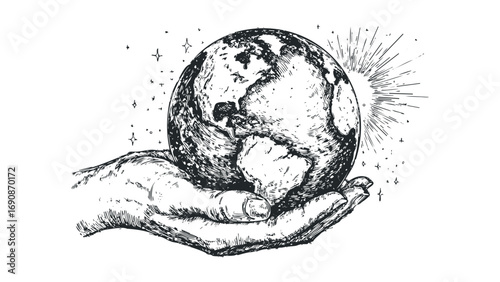 Hand holding planet Earth with celestial stars and light rays. Vector hand drawn illustration