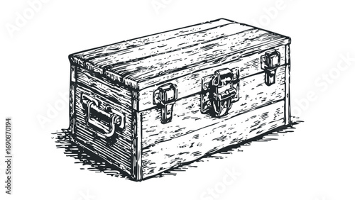 Wooden storage chest with metal latches and handle. Vector hand drawn illustration