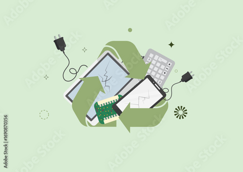 Electronic Devices with Green Recycling Symbol Arrow. Broken electronic devices. E-waste management. E-waste concept. Zero waste and recycling. Flat design. Electronic waste. Vector illustration