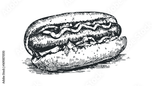 Ink drawn hot dog on transparent. Vector hand drawn illustration