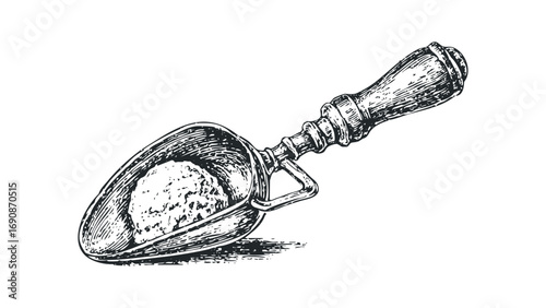 Vintage metal scoop with granular material on transparent. Vector hand drawn illustration