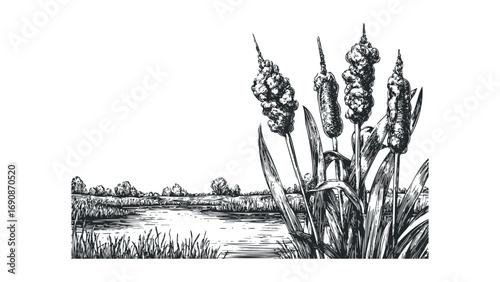 Pencil sketch of cattails and pond with reeds and trees on horizon. Vector hand drawn illustration