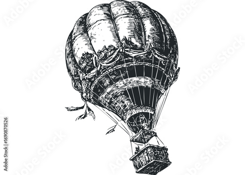 Vintage hot air balloon with basket and passengers on transparent background. Vector hand drawn illustration