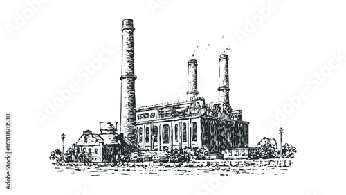 Sketch of a historical industrial power plant with tall chimneys. Vector hand drawn illustration
