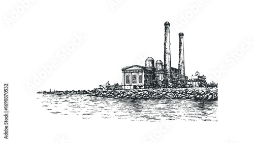 Industrial structure with tall smokestacks on a rocky shore beside water. Vector hand drawn illustration