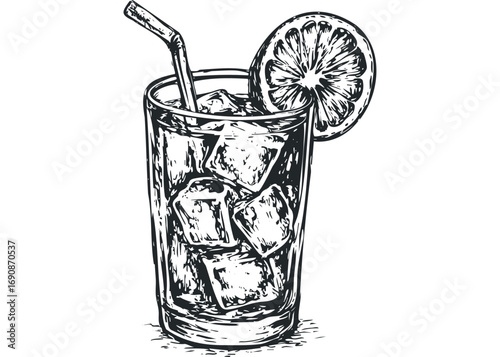 Ink drawing of a tall glass filled with ice and a drink, with a straw and citrus slice garnish. Vector hand drawn illustration