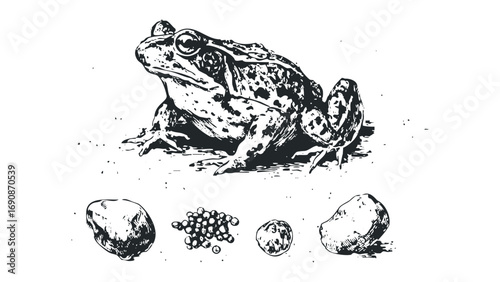 Detailed monochrome sketch of a toad with scattered pebbles and eggs. Vector hand drawn illustration