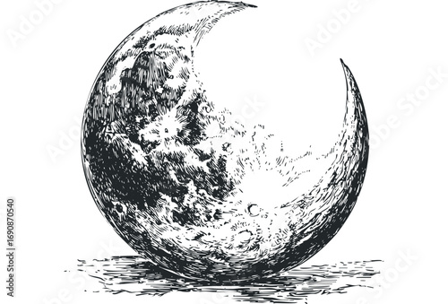 Crescent moon celestial body rendered with textured lines. Vector hand drawn illustration