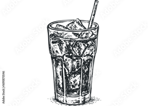 Hand drawn sketch of a tall glass filled with ice and a beverage with a straw. Vector hand drawn illustration