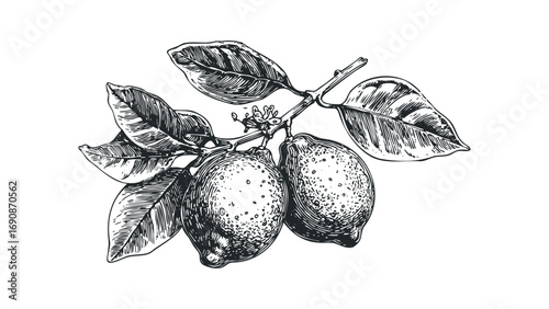 Line art drawing of two lemons on a branch with leaves. Vector hand drawn illustration