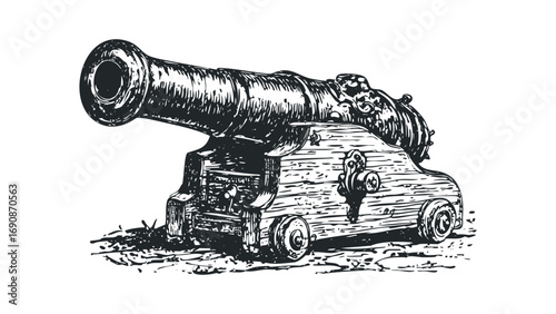 Antique cannon with wooden carriage on transparent background. Vector hand drawn illustration