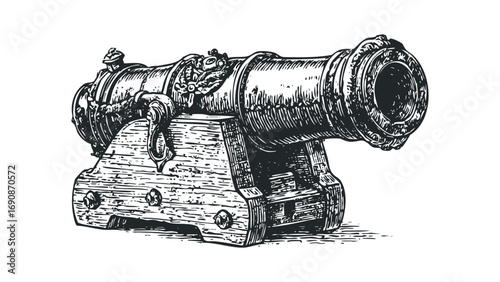 Antique cannon on wooden carriage file. Vector hand drawn illustration