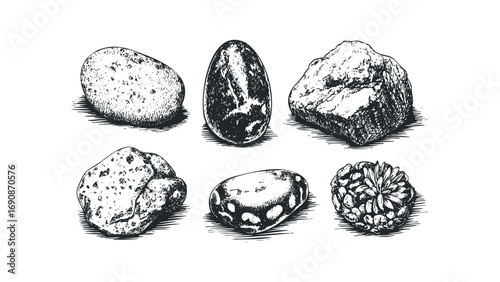 Six assorted stones and plant objects on white. Vector hand drawn illustration