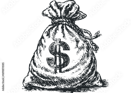 Pouch with dollar sign image. Vector hand drawn illustration