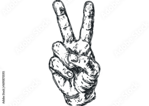 Hand gesture symbol for peace and victory, isolated on white. Vector hand drawn illustration