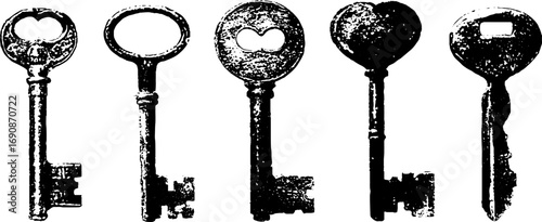 Vintage grunge black and white ornate key illustration set for retro design