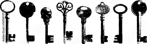 Grunge black and white ornate key set design for vintage art and decoration