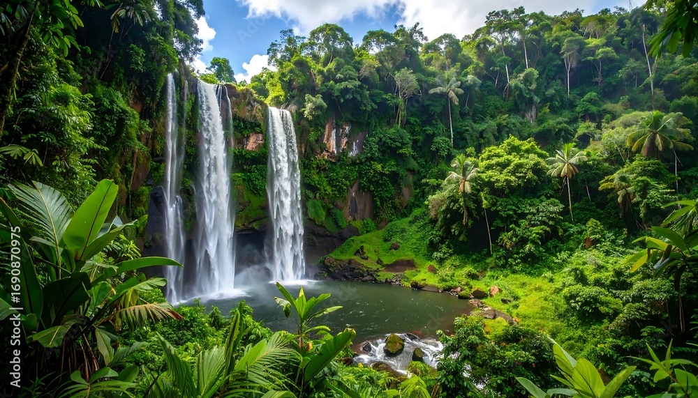 Naklejka premium Lush waterfall in a tropical rainforest