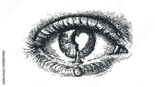 Line drawing of a human eye with a broken heart shaped pupil and tear. Vector hand drawn illustration