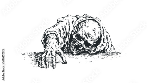 Eerie skeletal hand and skull emerging from darkness. Vector hand drawn illustration