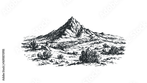 Hand Drawn Sketch of a Jagged Mountain Peak and Arid Landscape. Vector hand drawn illustration