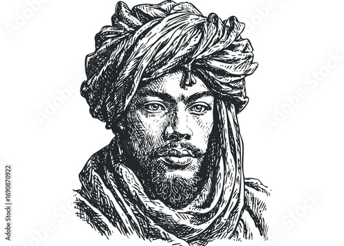 Arab man with turban in sketch style. Vector hand drawn illustration