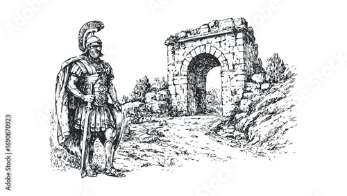 Ancient Roman soldier standing in front of stone archway ruins sketch. Vector hand drawn illustration