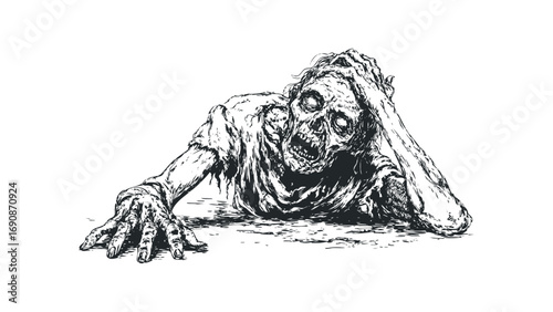 Terrified person with hands on head, coming out of dark water, ink drawing. Vector hand drawn illustration