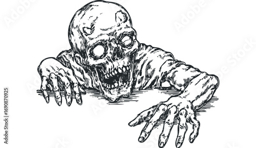 Horror undead creature emerging with tattered clothing and gnarled hands. Vector hand drawn illustration
