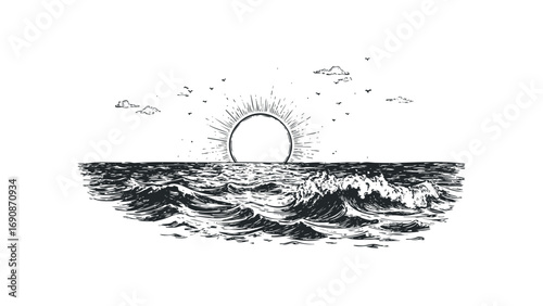 Hand drawn sun rising over ocean waves and birds in sky. Vector hand drawn illustration