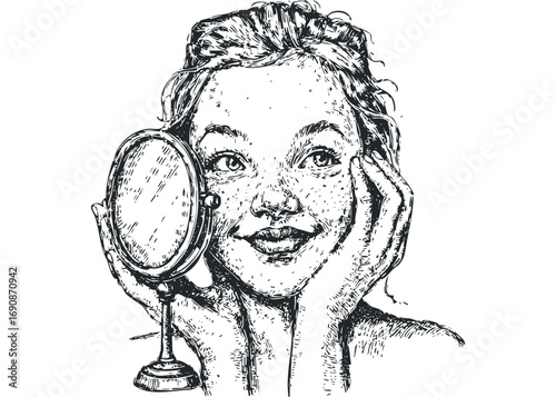 Young freckled person looks in mirror file on transparent background. Vector hand drawn illustration