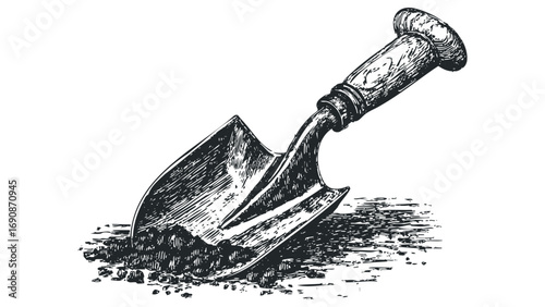 Handheld garden trowel digging into soil in a scratchboard style. Vector hand drawn illustration