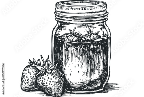 Ink sketch of a glass jar filled with strawberries and liquid beside two fresh strawberries. Vector hand drawn illustration