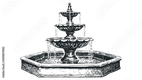 Three Tier Outdoor Garden Fountain with Water Flowing. Vector hand drawn illustration