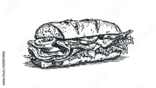 Hand Drawn Sub Sandwich with Fresh Ingredients. Vector hand drawn illustration