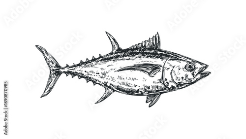 Pencil sketch of a single tuna fish on a transparent background. Vector hand drawn illustration