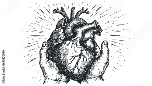 Human heart held with cupped hands with radiating lines. Vector hand drawn illustration