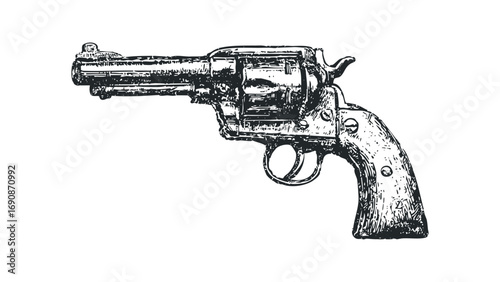 Engraved revolver pistol on white. Vector hand drawn illustration