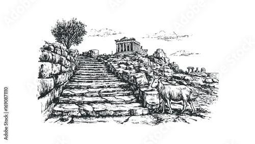 Ancient stone stairs leading to a temple ruin with a goat. Vector hand drawn illustration