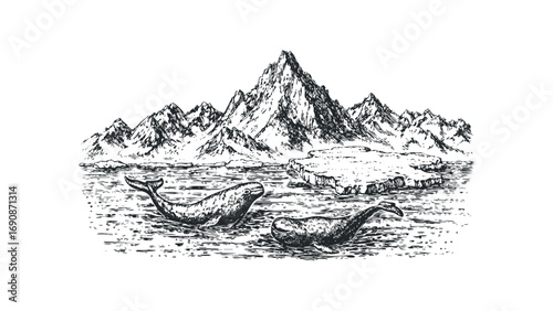 Whales swimming in choppy water near icy mountains. Vector hand drawn illustration